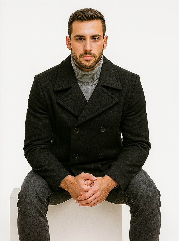 Men's Black Regular Fit Double Breasted Big And Tall Wool Men's Peacoat