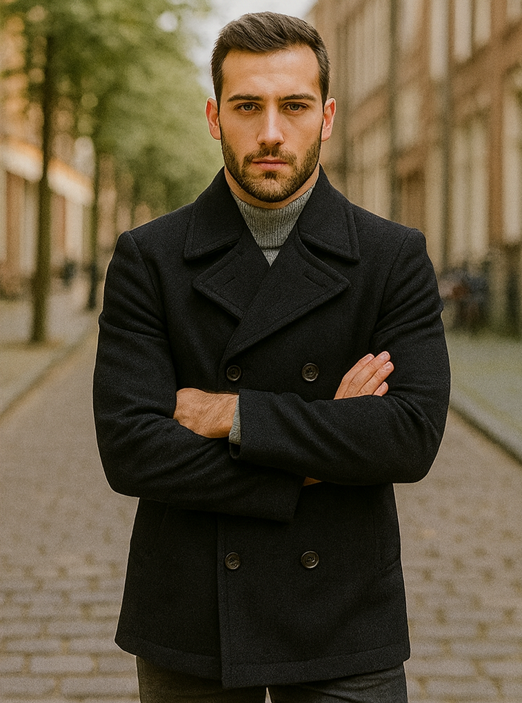 Men's Black Regular Fit Double Breasted Big And Tall Wool Men's Peacoat