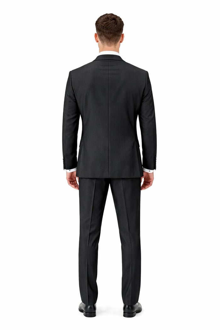 Mens Tiglio Modern Fit Black Wool Tuxedo – Classic Satin Lapel Formal Suit