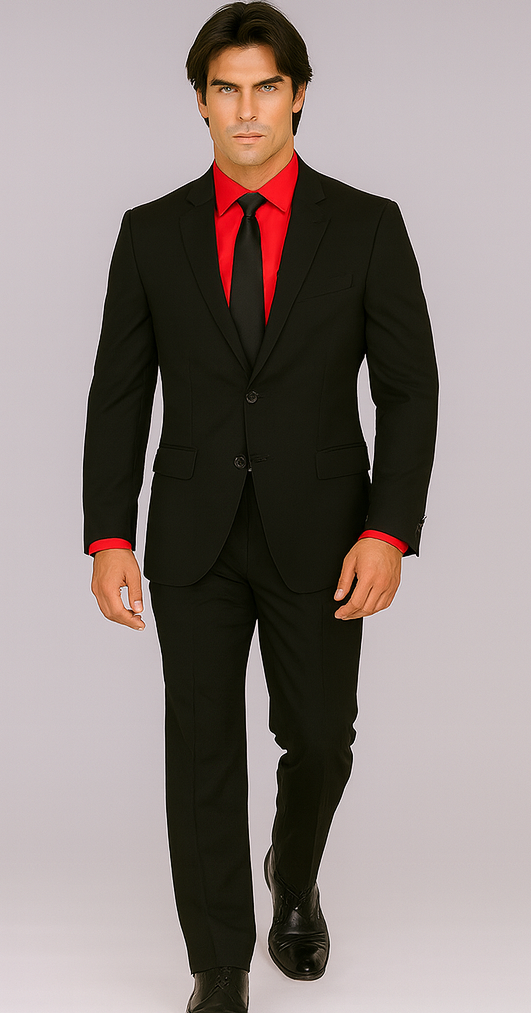 Men's Black Suit Red Shirt Black Tie Package Combo ~ Combination Deal