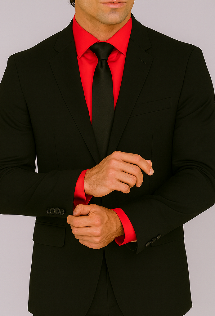 Men's Black Suit Red Shirt Black Tie Package Combo ~ Combination Deal As Seen In The Picture