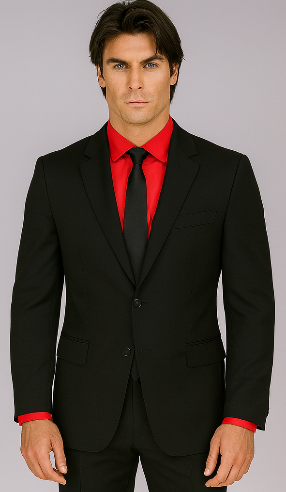 Men's Black Suit Red Shirt Black Tie Package Combo ~ Combination Deal