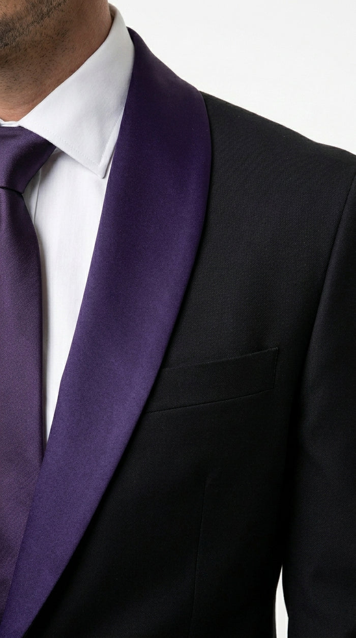 Mens Black Suit with Purple Lapel – Elegant Formal Tuxedo Style Suit for Wedding, Prom, Party and Evening Wear