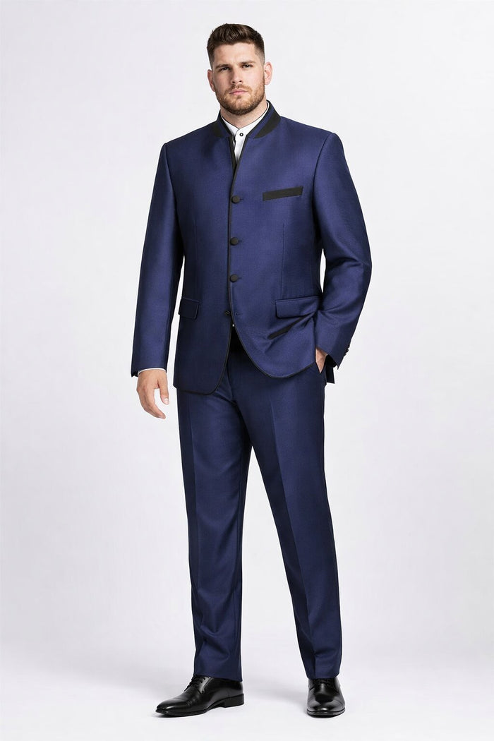 Wedding Groom Suit - Prom Tuxedo Suit - No Collar Weddig Tuxedo - Blue
