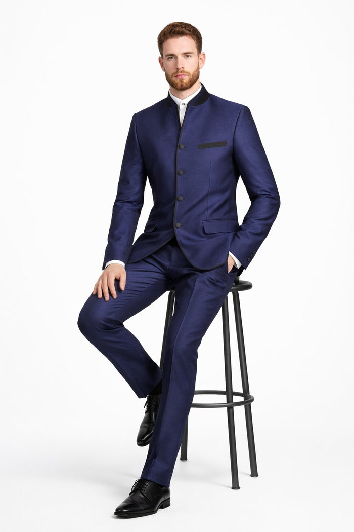 Wedding Groom Suit - Prom Tuxedo Suit - No Collar Weddig Tuxedo - Blue