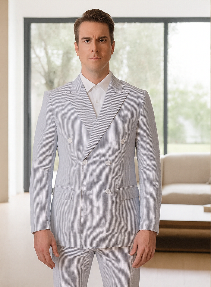 Blue Pinstripe Seersucker Double Breasted Suit