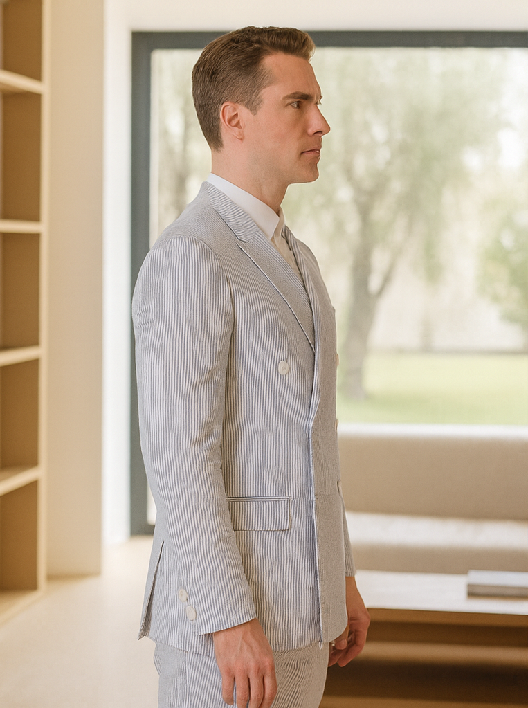 Blue Pinstripe Seersucker Double Breasted Suit