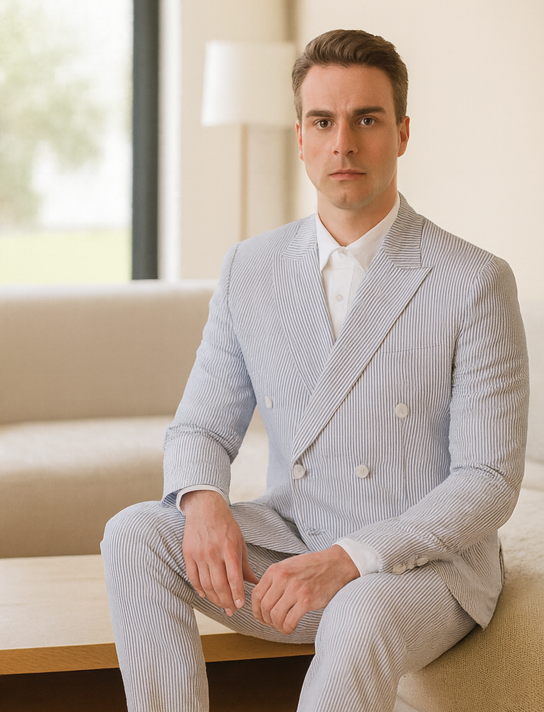 Blue Pinstripe Seersucker Double Breasted Suit