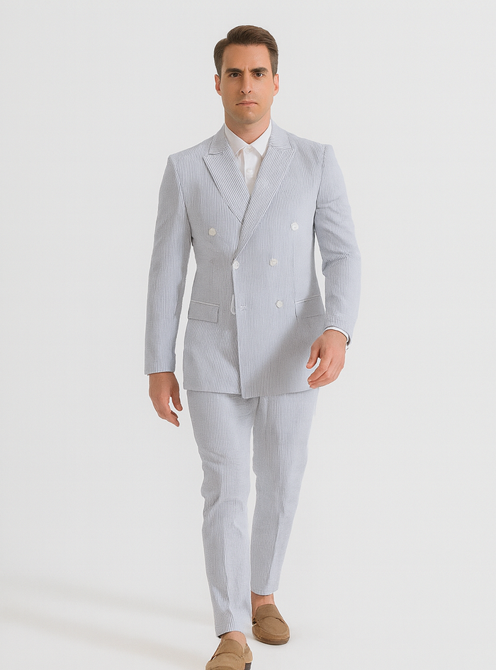 Blue Pinstripe Seersucker Double Breasted Suit