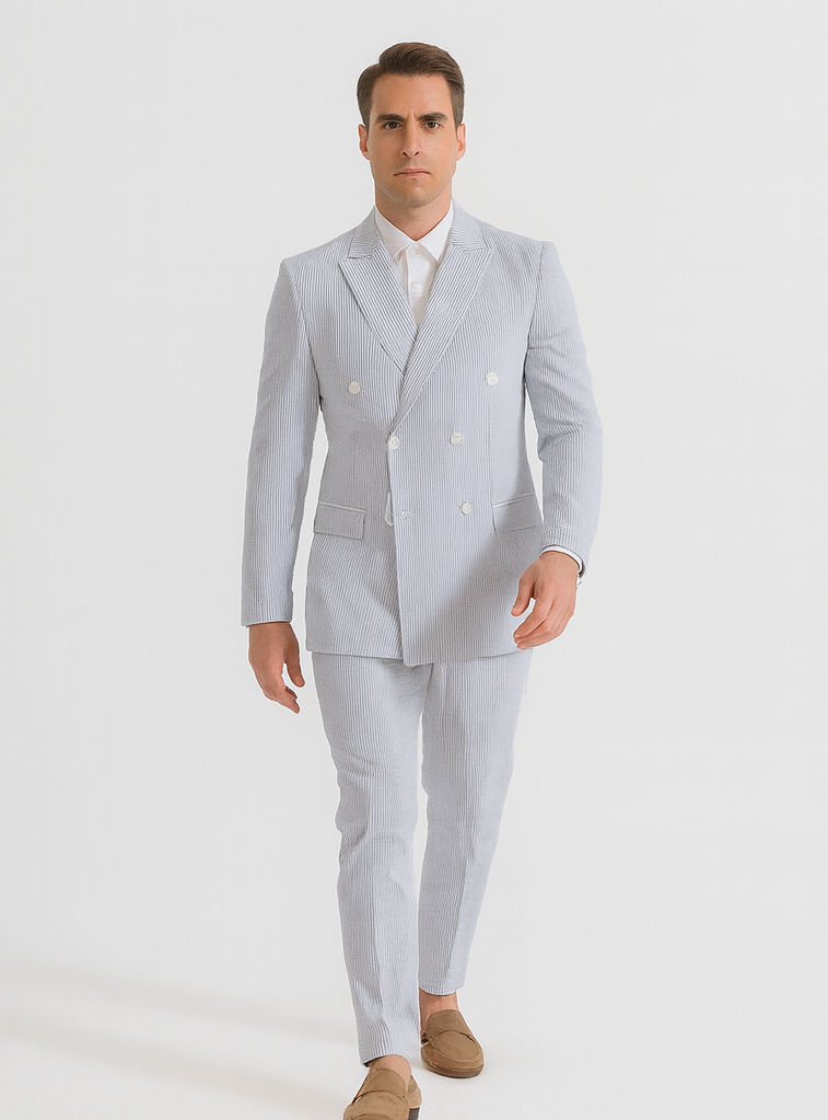 Blue Pinstripe Seersucker Double Breasted Suit