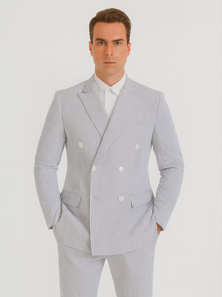 Blue Pinstripe Seersucker Double Breasted Suit