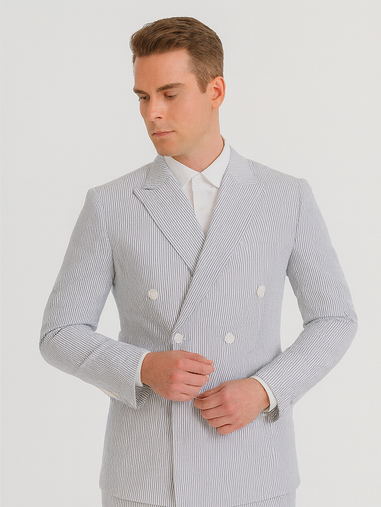 Blue Pinstripe Seersucker Double Breasted Suit