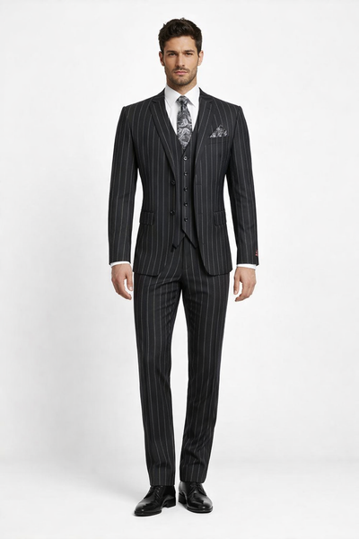 Men's Bold Gangster 1920s Vintage Black and White Gangster Bold Stripe 2 Button Vested Suit