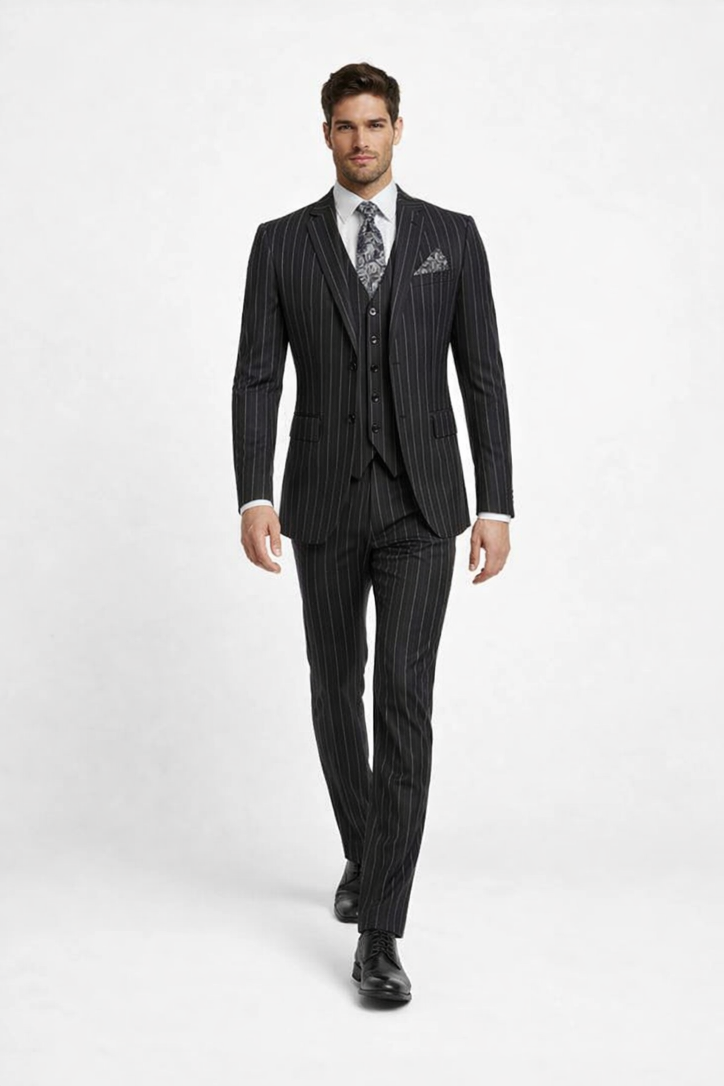 Men's Bold Gangster 1920s Vintage Black and White Gangster Bold Stripe 2 Button Vested Suit