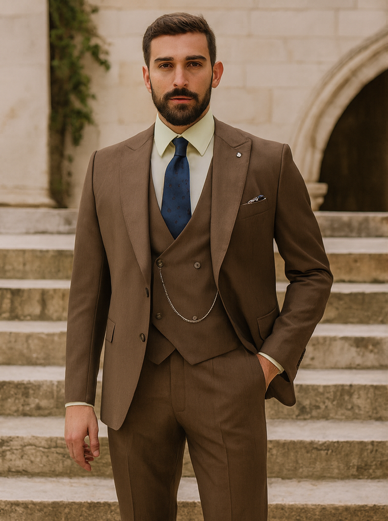 Men’s Brown 3-Piece Suit with Vest and Chain