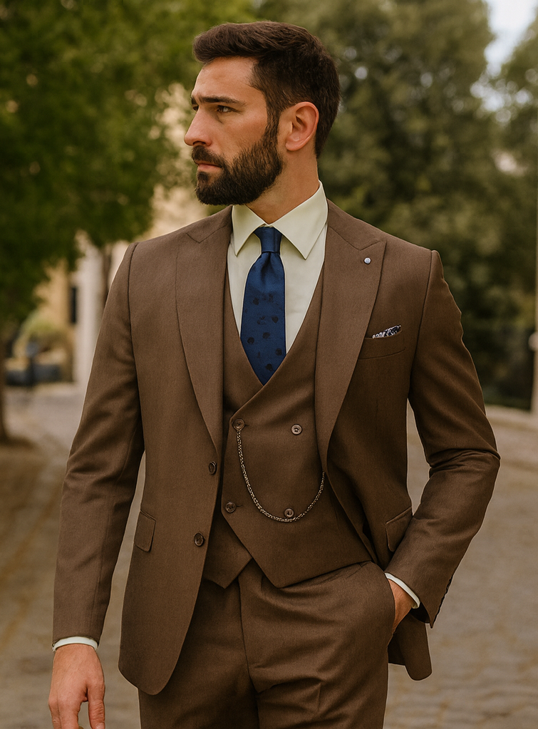 Men’s Brown 3-Piece Suit with Vest and Chain