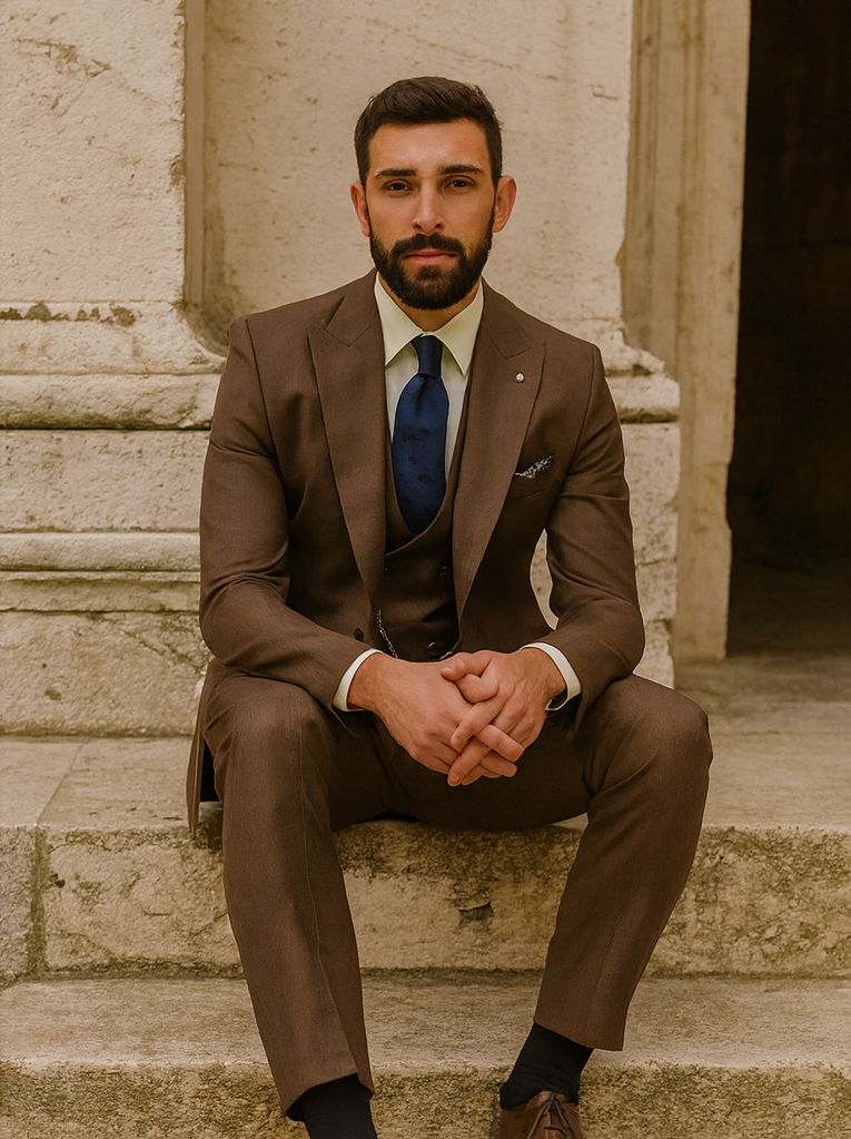 Men’s Brown 3-Piece Suit with Vest and Chain