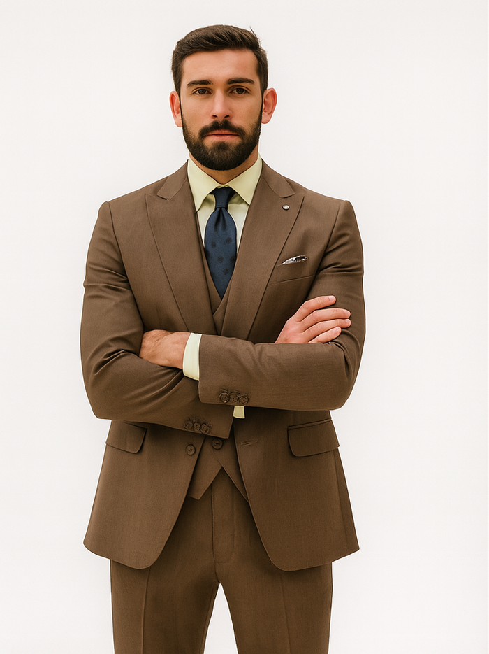 Men’s Brown 3-Piece Suit with Vest and Chain