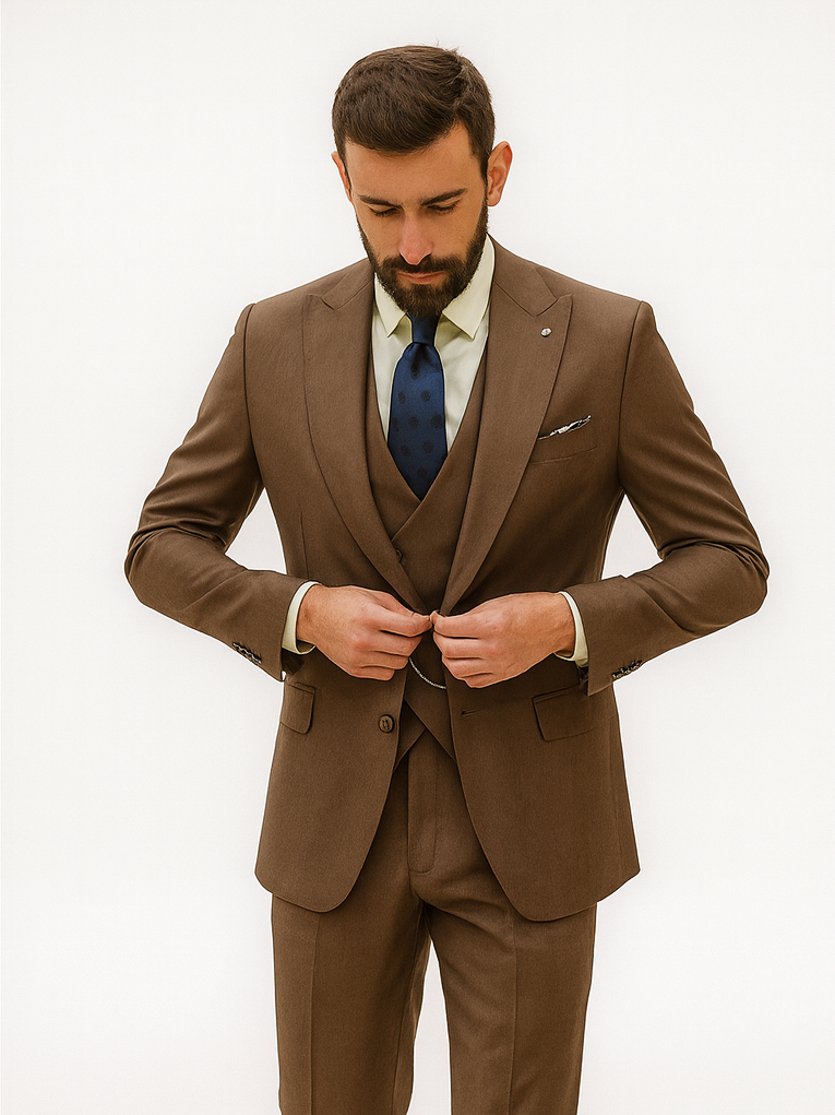 Men’s Brown 3-Piece Suit with Vest and Chain