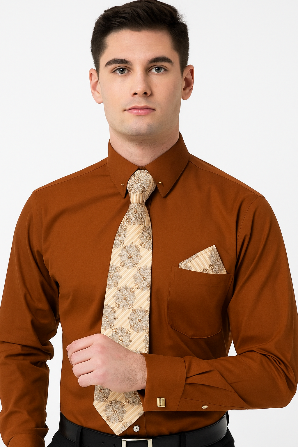 Brown Pin Collar Dress Shirt With Collar Bar
