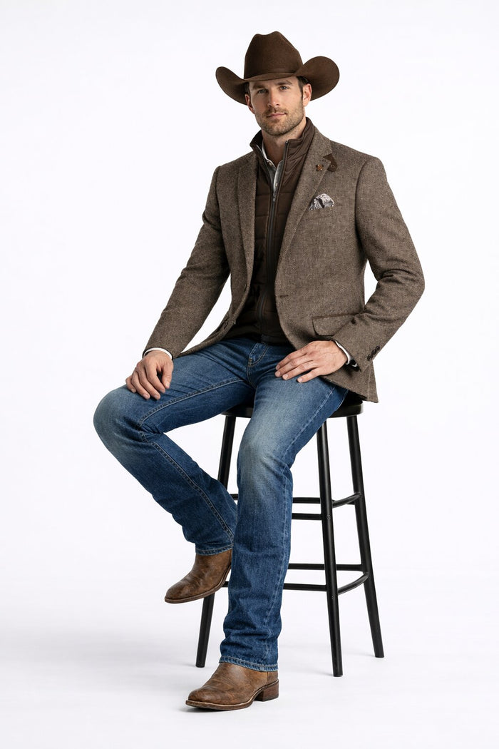 Men’s Brown Herringbone Tweed Cowboy Western Blazer – Classic Country Sport Coat Jacket for Ranch Wear,  Cowboy Jacket