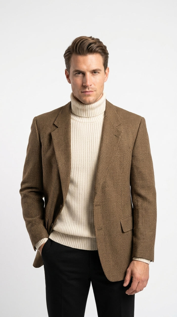 Mens Brown Houndstooth Blazer – Classic British Style 2 Button Checkered Texture Sport Coat for Fall, Winter Khaki Tan