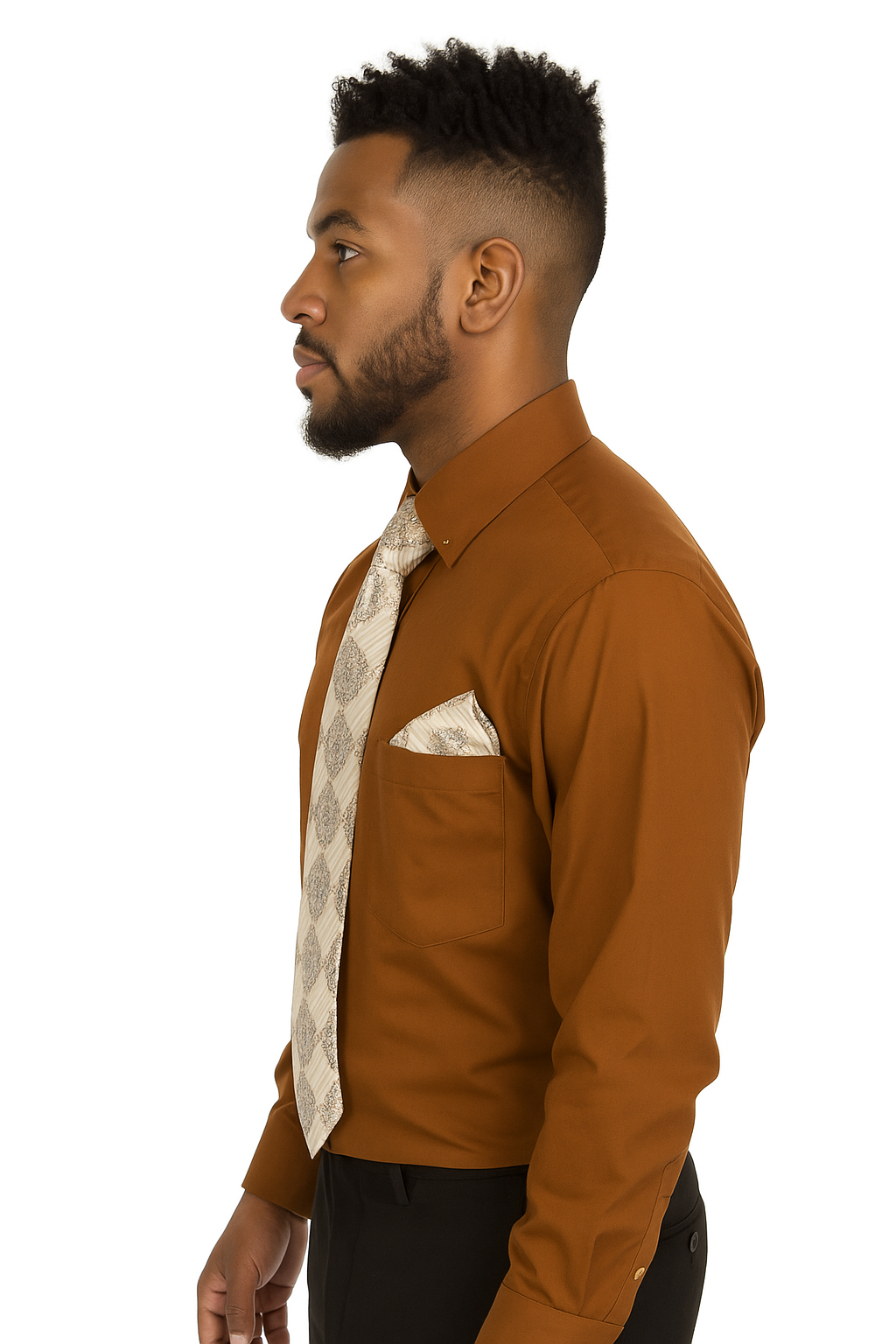 Brown Pin Collar Dress Shirt With Collar Bar