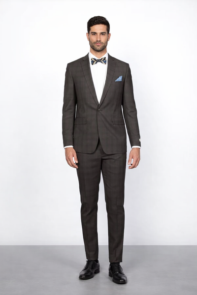 Rossiman Rossi Brown Plaid Slim Fit Suit