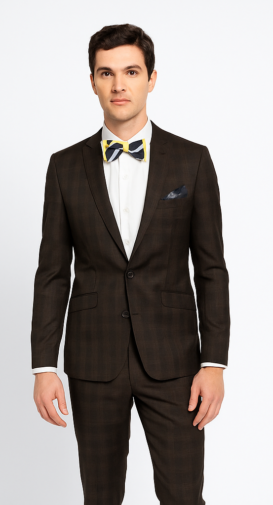 Men’s Brown Plaid Slim Fit Suit by Rossiman Rossi | Peak Lapel Jacket & Tapered Pants – Italian Tailored 3-Piece Classic Suit