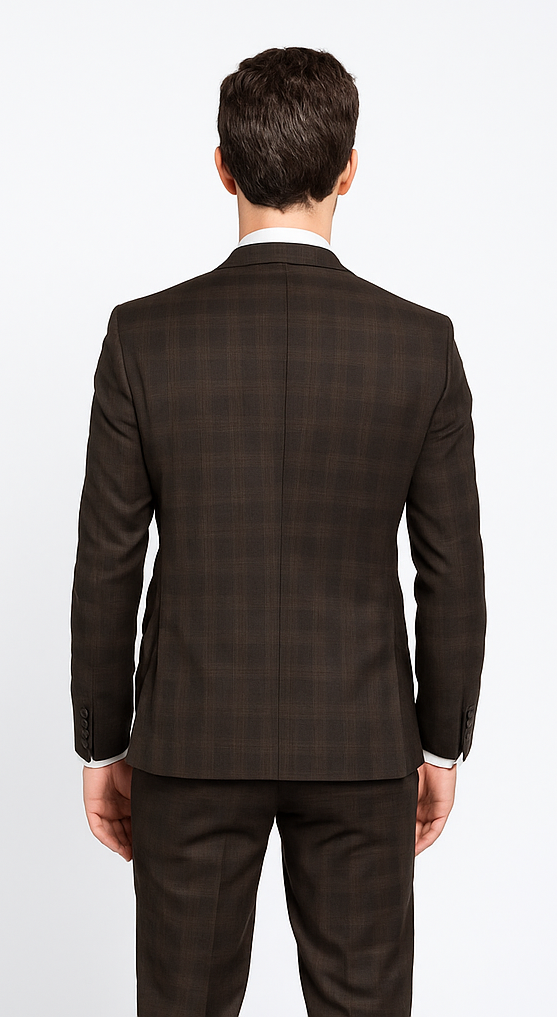 Men’s Brown Plaid Slim Fit Suit by Rossiman Rossi | Peak Lapel Jacket & Tapered Pants – Italian Tailored 3-Piece Classic Suit