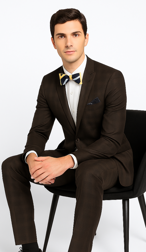 Men’s Brown Plaid Slim Fit Suit by Rossiman Rossi | Peak Lapel Jacket & Tapered Pants – Italian Tailored 3-Piece Classic Suit