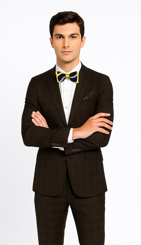 Men’s Brown Plaid Slim Fit Suit by Rossiman Rossi | Peak Lapel Jacket & Tapered Pants – Italian Tailored 3-Piece Classic Suit