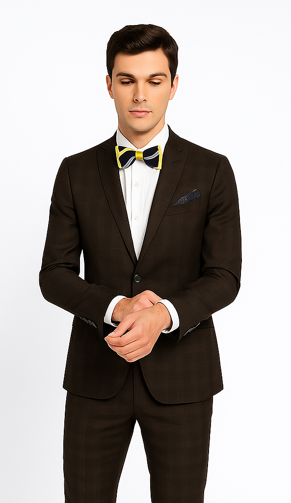 Men’s Brown Plaid Slim Fit Suit by Rossiman Rossi | Peak Lapel Jacket & Tapered Pants – Italian Tailored 3-Piece Classic Suit