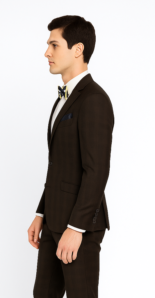 Men’s Brown Plaid Slim Fit Suit by Rossiman Rossi | Peak Lapel Jacket & Tapered Pants – Italian Tailored 3-Piece Classic Suit