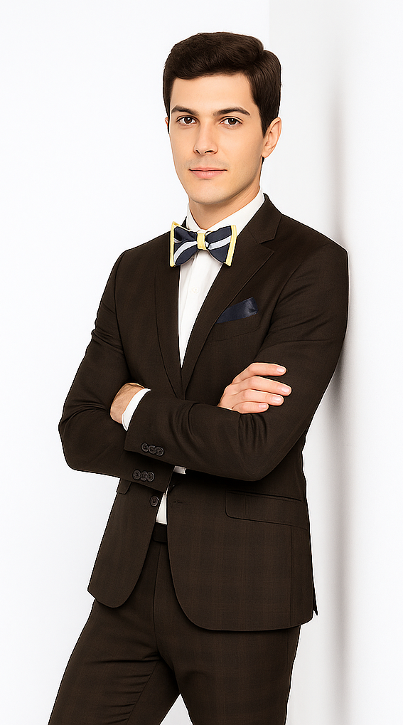 Men’s Brown Plaid Slim Fit Suit by Rossiman Rossi | Peak Lapel Jacket & Tapered Pants – Italian Tailored 3-Piece Classic Suit