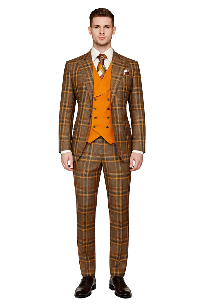 Mens Two Button Peak Lapel Suit Brown ~ Yellow