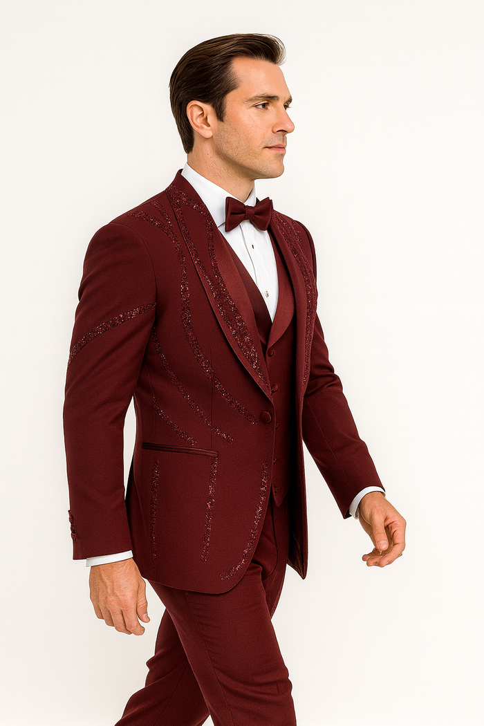 Burgundy Italian Wool 3-Piece Tuxedo for Men