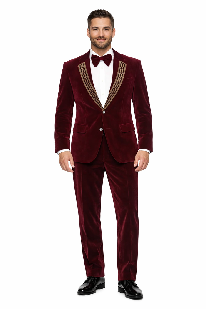 Burgundy Velvet Prom Tuxedo with Gold Lapel