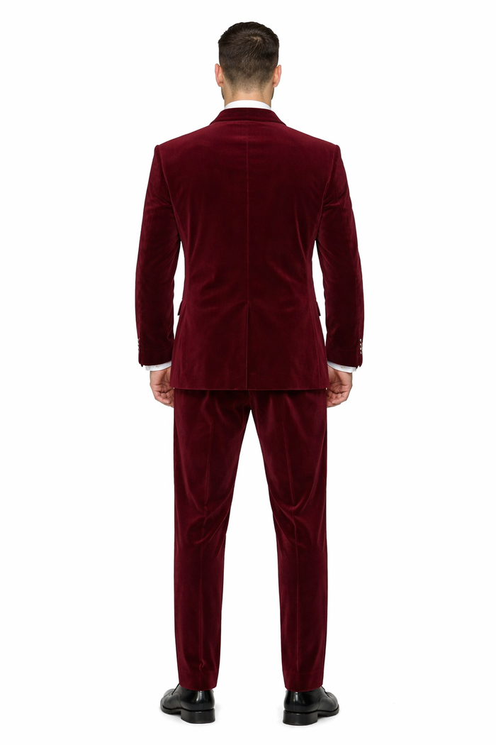 Burgundy Velvet Prom Tuxedo with Gold Lapel