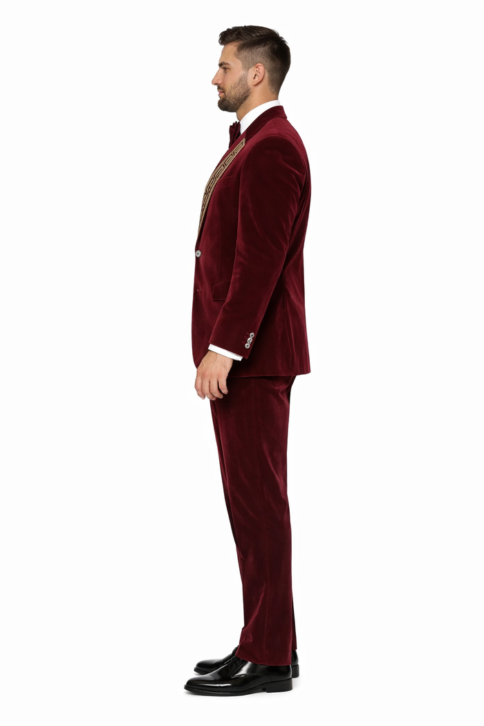 Burgundy Velvet Prom Tuxedo with Gold Lapel