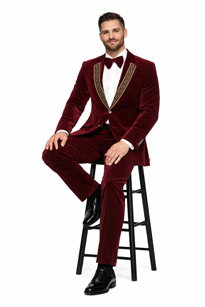 Burgundy Velvet Prom Tuxedo with Gold Lapel