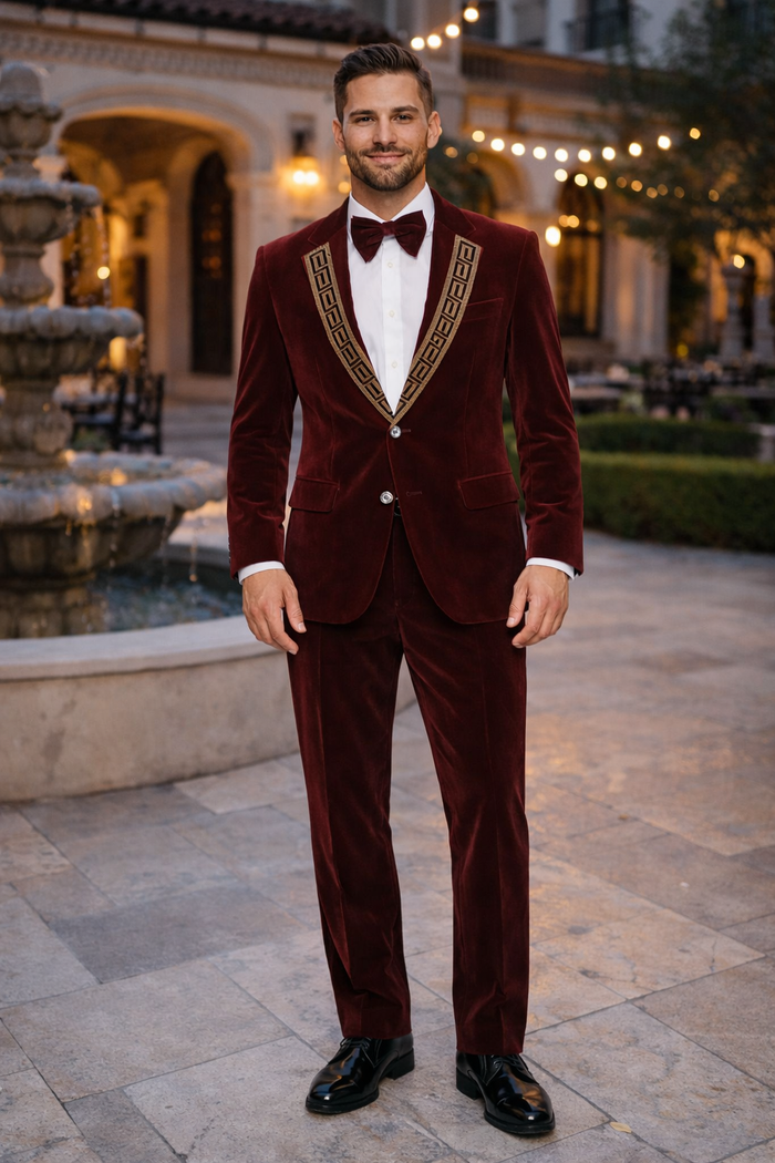 Burgundy Velvet Prom Tuxedo with Gold Lapel