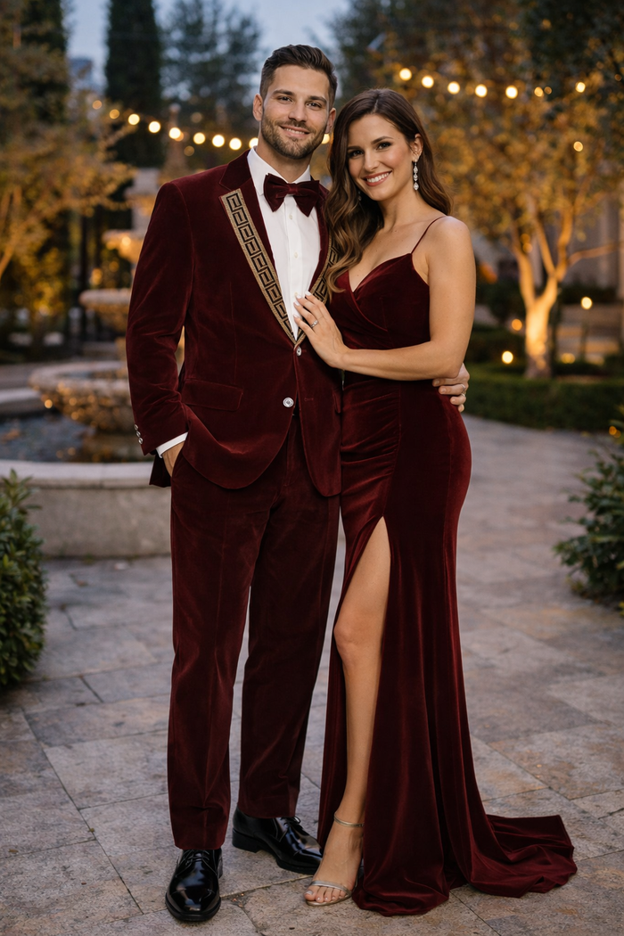 Burgundy Velvet Prom Tuxedo with Gold Lapel