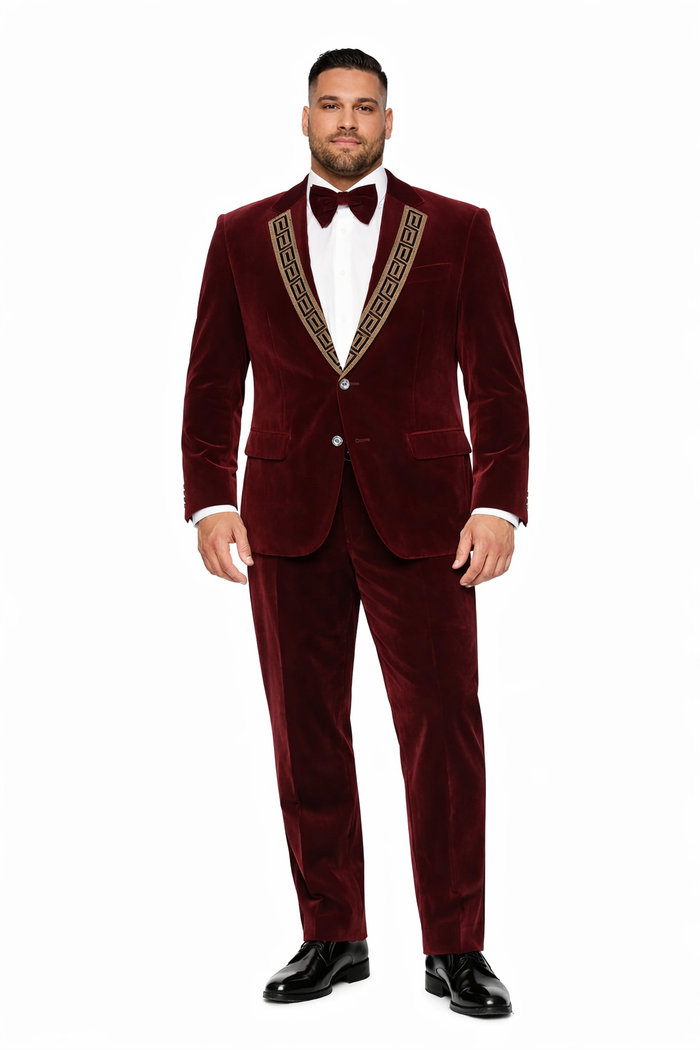 Burgundy Velvet Prom Tuxedo with Gold Lapel