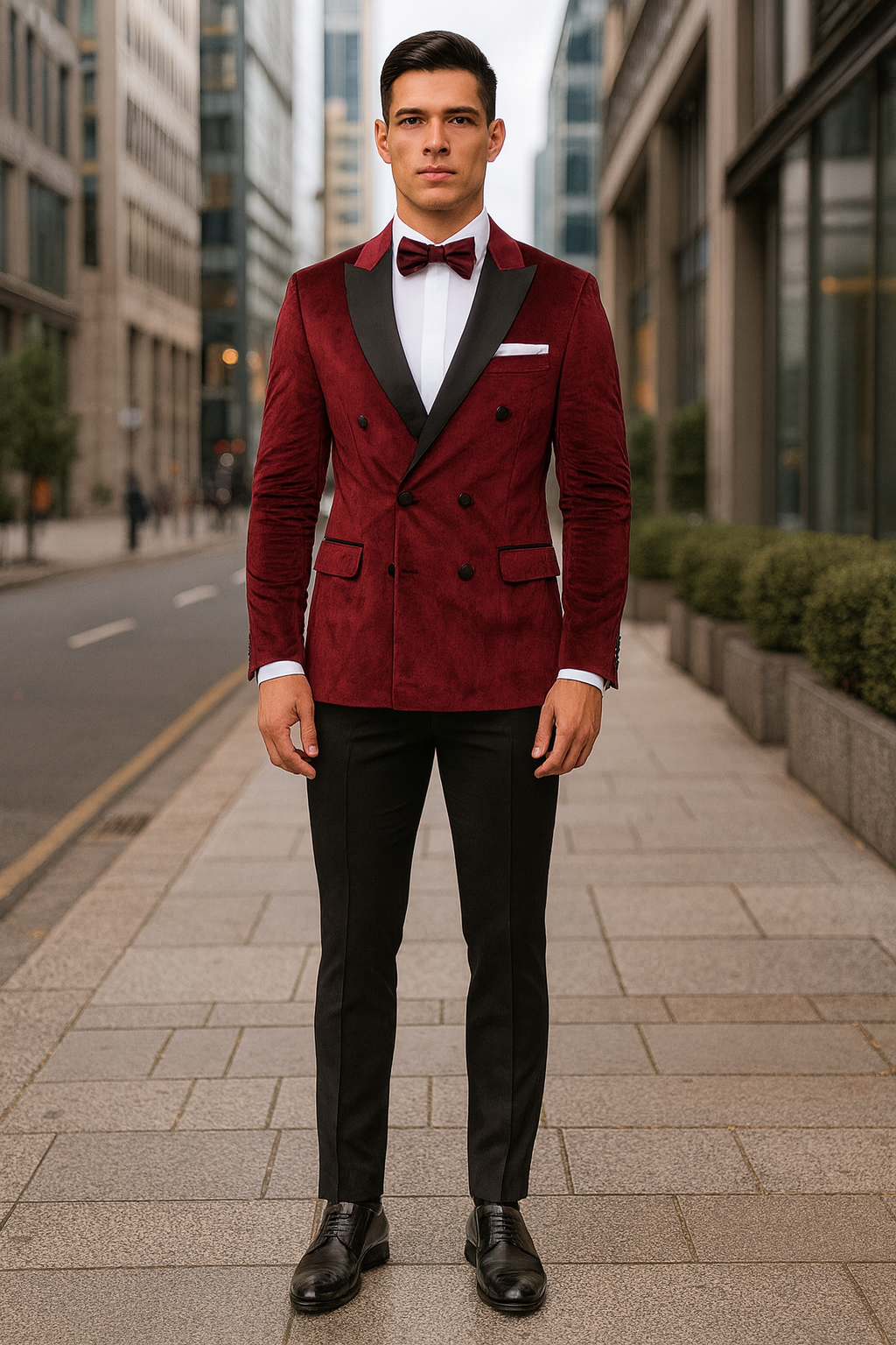 SKU#JA58269 Mens Burgundy Velvet Tuxedo - Velvet Suits Double Breasted Tuxedo Suits - Slim Fit