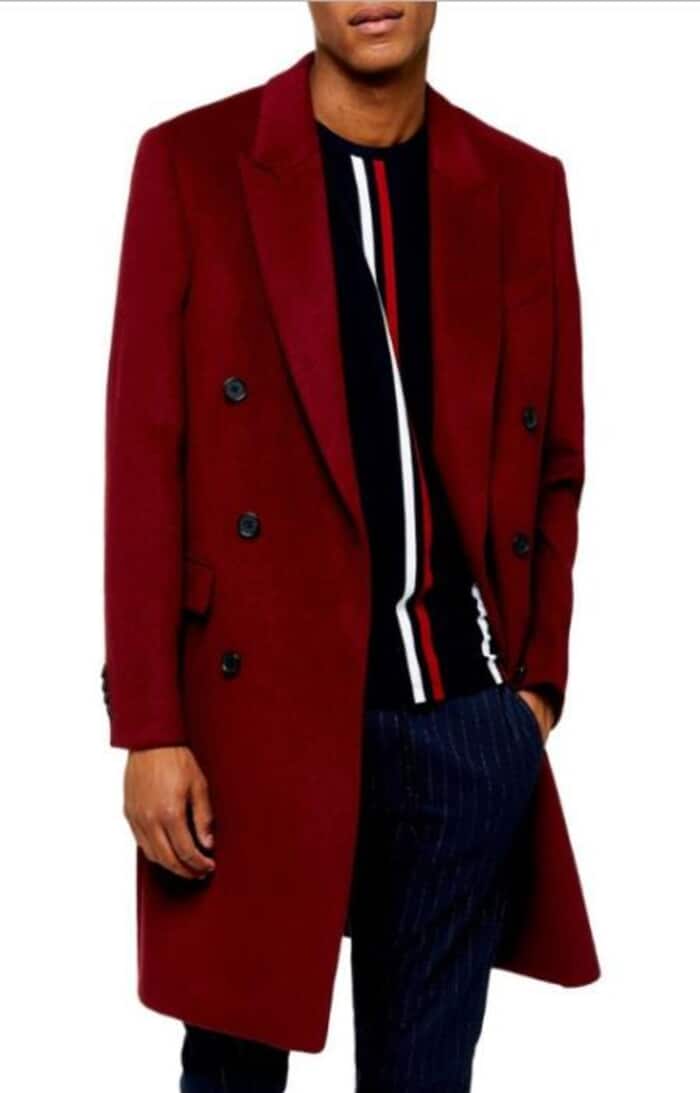 Double Breasted Burgundy Overcoat for Men