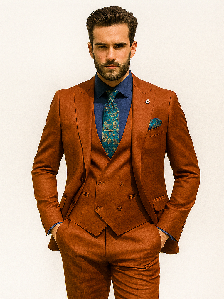 Men’s Burnt Orange 3-Piece Suit with Vest