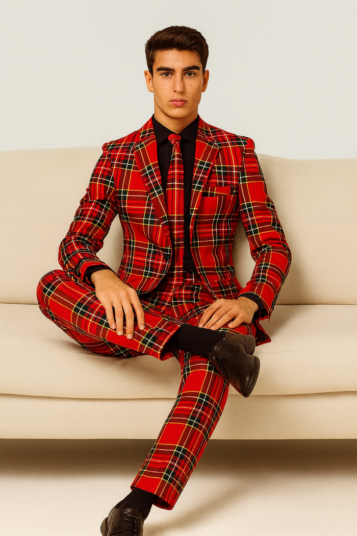 Plaid Christmas Suit - Holiday Red Tartan Style
