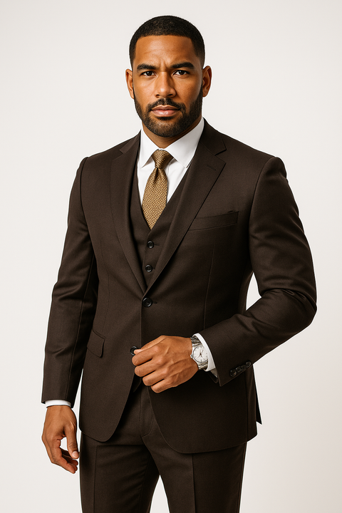 Men's Brown 2 Button Vitali Brand Flat Front Pants Regular Fit Side Vented Suit