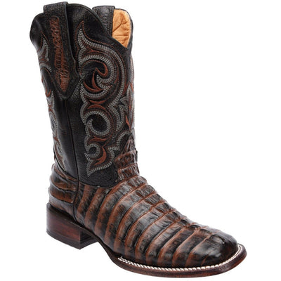 Caiman Tail Print Square Toe Leather Boots Black
